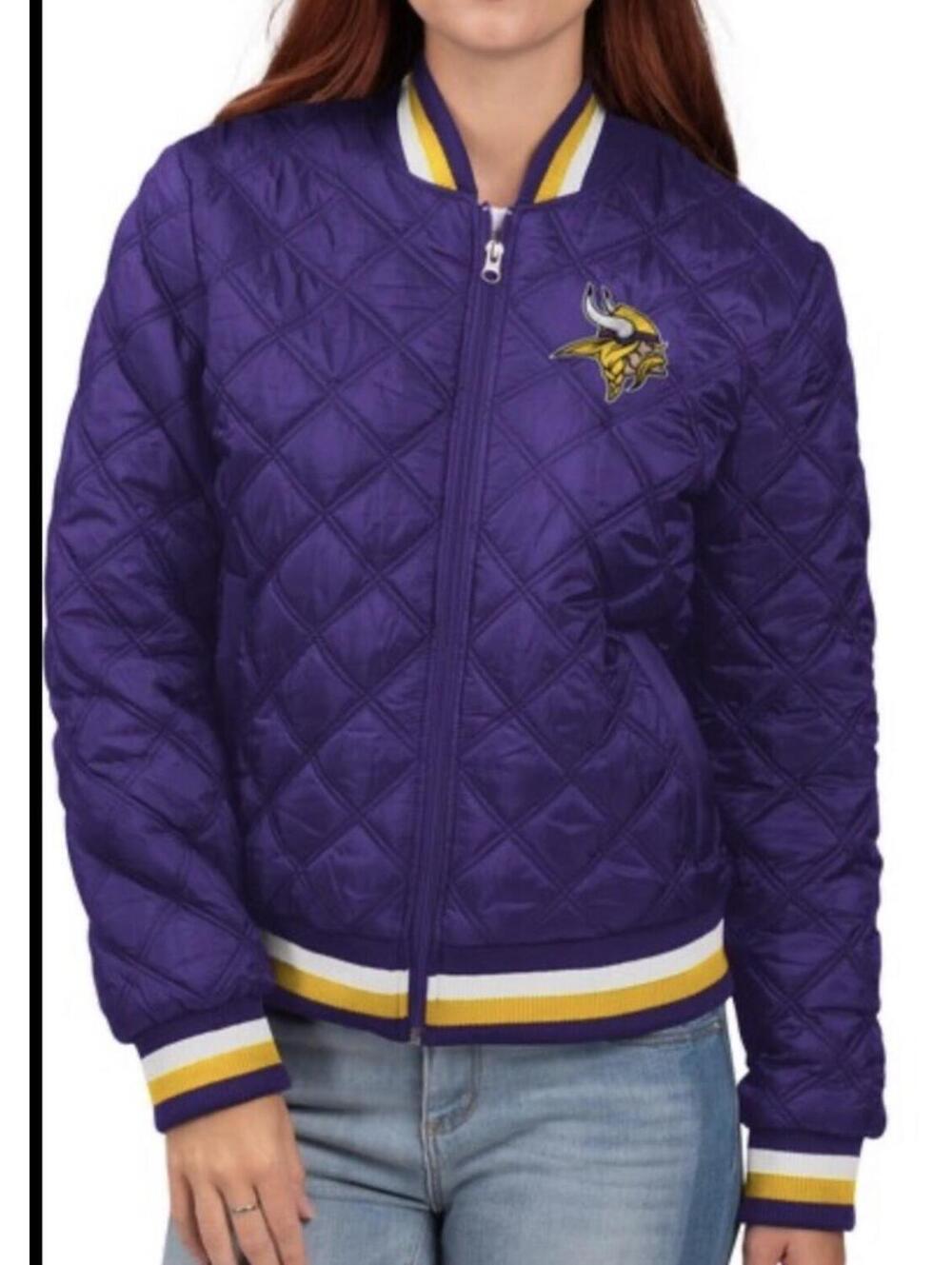 MN Vikings G-III 4Her by Carl Banks Purple Goal Line Quilted Bomber Jacket Sz L